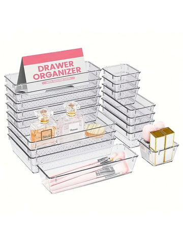 25pcs Drawer Organizer Set, 4 Size Vanity Organizer Plastic Tray, Clear Acrylic Drawer Organizer Storage Bins, Makeup organizer