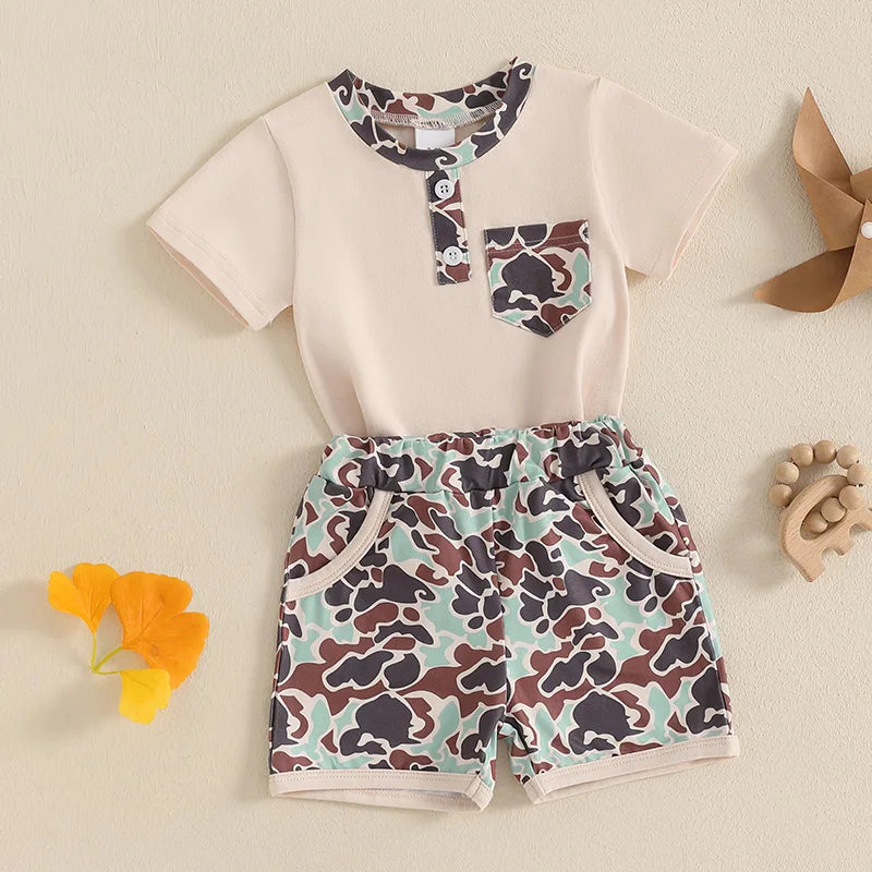 Boys Casual Summer Outfits Short Sleeve T-Shirts and Camouflage Shorts Set with Elastic Waistband for Toddlers 2 Pieces