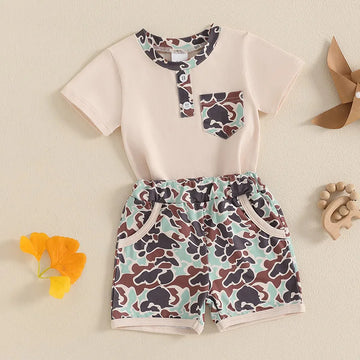 Boys Casual Summer Outfits Short Sleeve T-Shirts and Camouflage Shorts Set with Elastic Waistband for Toddlers 2 Pieces