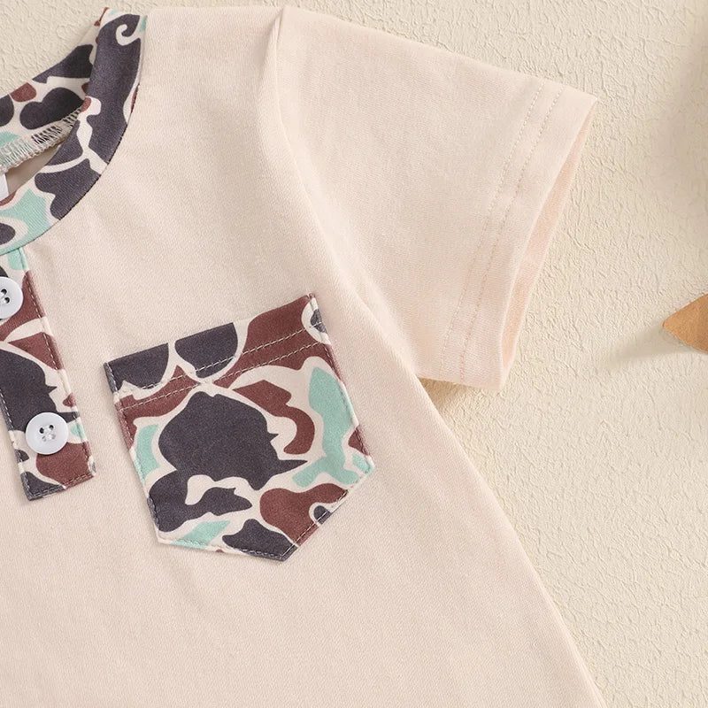 Boys Casual Summer Outfits Short Sleeve T-Shirts and Camouflage Shorts Set with Elastic Waistband for Toddlers 2 Pieces