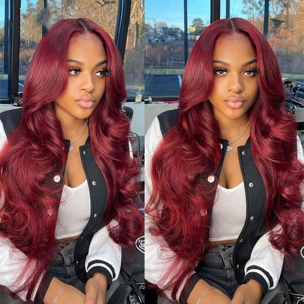 99J Burgundy Lace Front Wig Body Wave Human Hair Preplucked 200 Density 42 44 Inch 13x4 13x6 HD Lace Frontal Wigs For Women