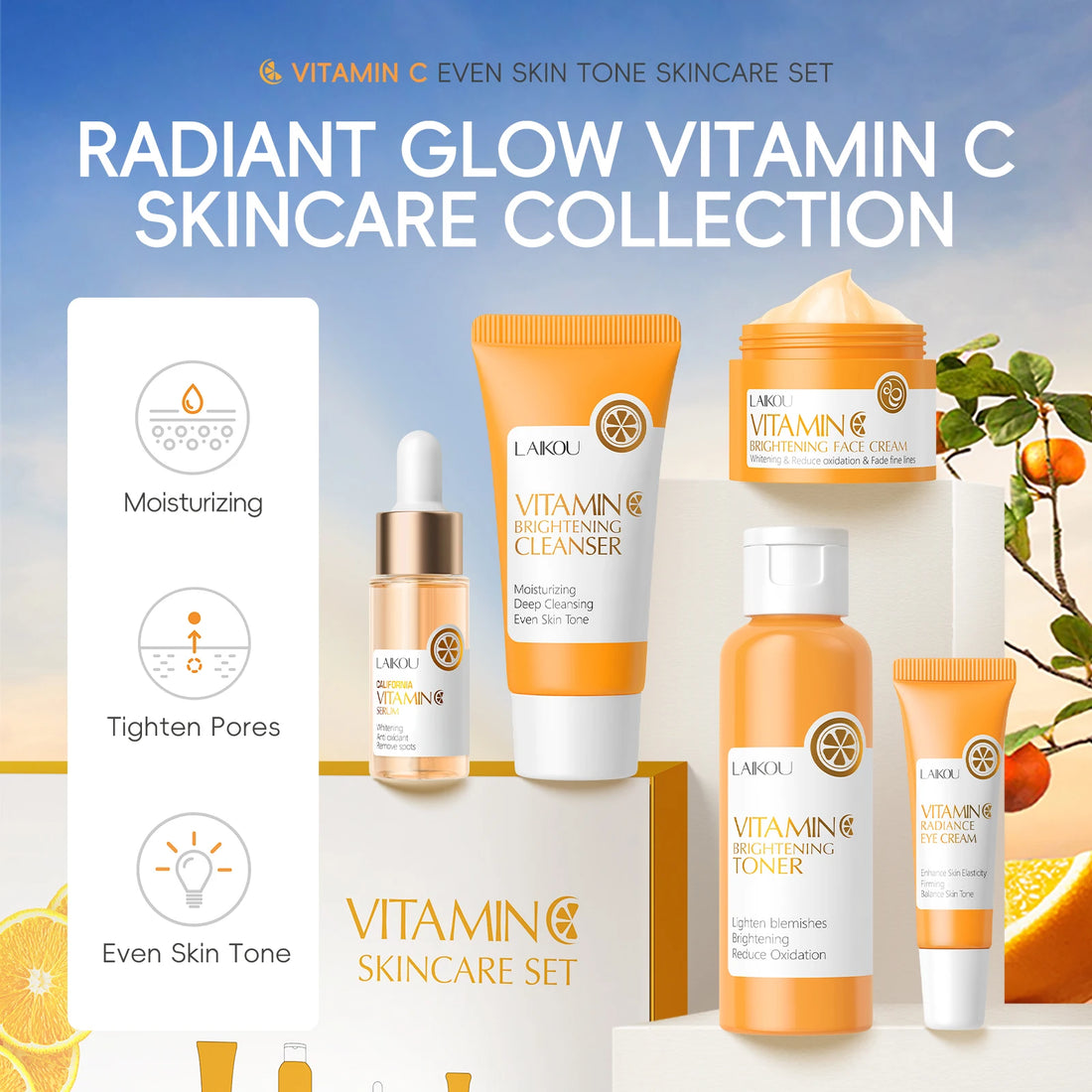 LAIKOU VITAMIN C Skincare Set Brightening 5Pcs Kit Even Skin Tone Smooth Wrinkle Tighten Pores Cleanser Toner Serum Eye Cream