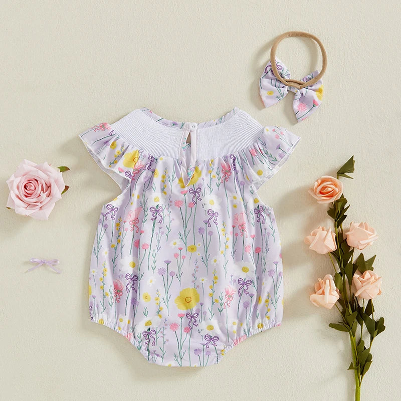 Infant Summer Jumpsuit with Flutter Sleeves and Round Neckline Adorable Floral Print Smocked  for Baby Girls Cute
