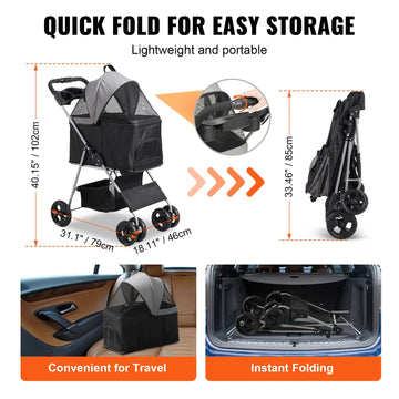 SucceBuy 35lbs 4 Wheels Pet Dog Stroller with Brakes Storage Basket Cup Holder Puppy Stroller for Cats Travel Dogs Accessories