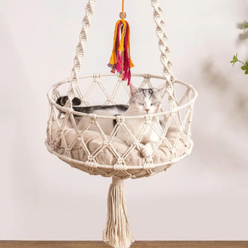 Mewoofun Cat Swing Bed Hanging Macrame Cat Hammock Bed with Washed Cotton Mat Cat Toy  Space Saving Window Perch for Indoor Cats