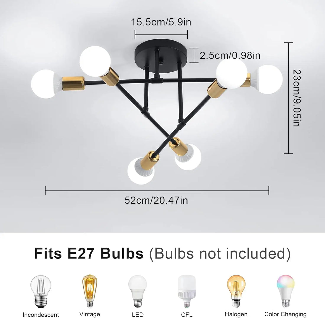 Vintage Industrial Ceiling Lamp for Living Room and Bedroom,Modern Sputnik Lamps 6 Lights,E27 Base for Kitchen (Without Bulb)